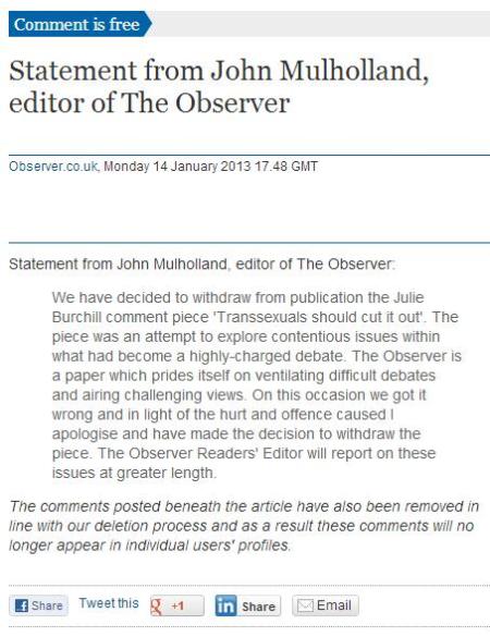 Observer editor John Mulholland's statement re Burchill transsexuals article